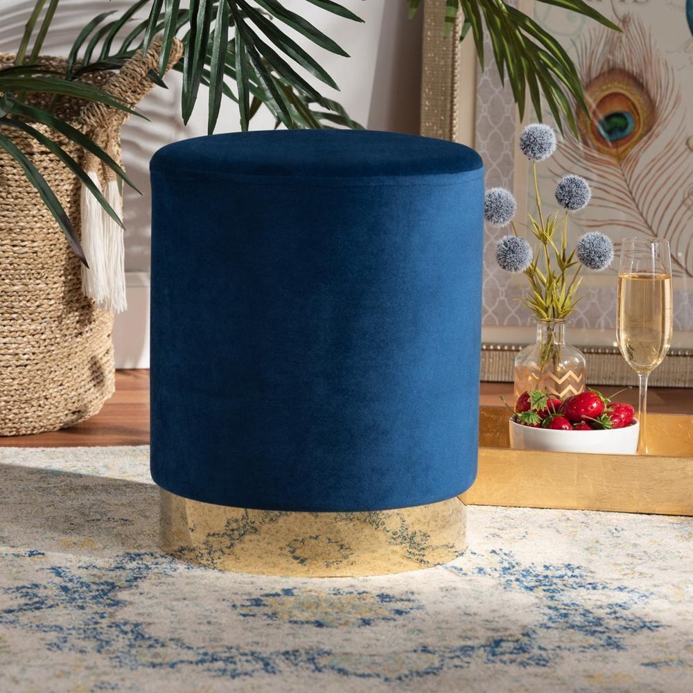 Chaela Contemporary Glam and Luxe Navy Blue Velvet Fabric Upholstered and Gold Finished Metal Ottoman FredCo