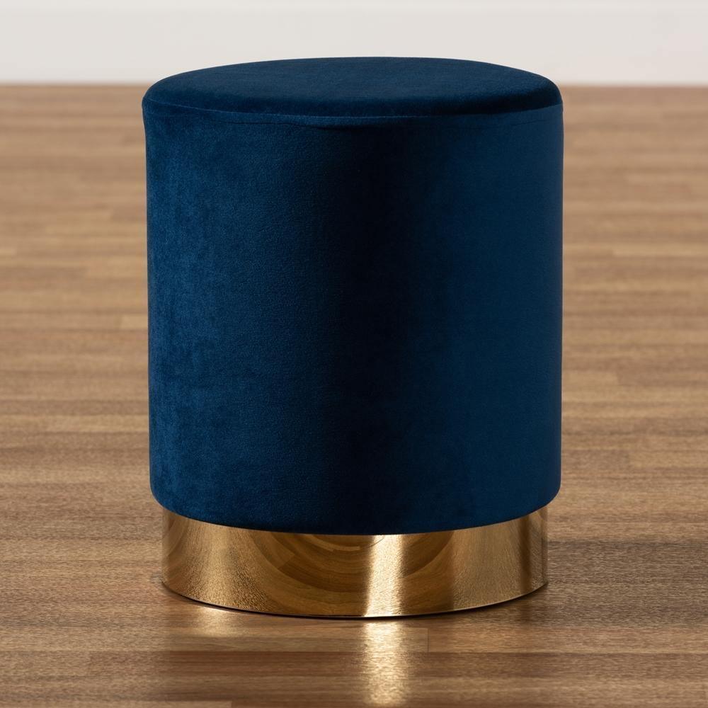 Chaela Contemporary Glam and Luxe Navy Blue Velvet Fabric Upholstered and Gold Finished Metal Ottoman FredCo