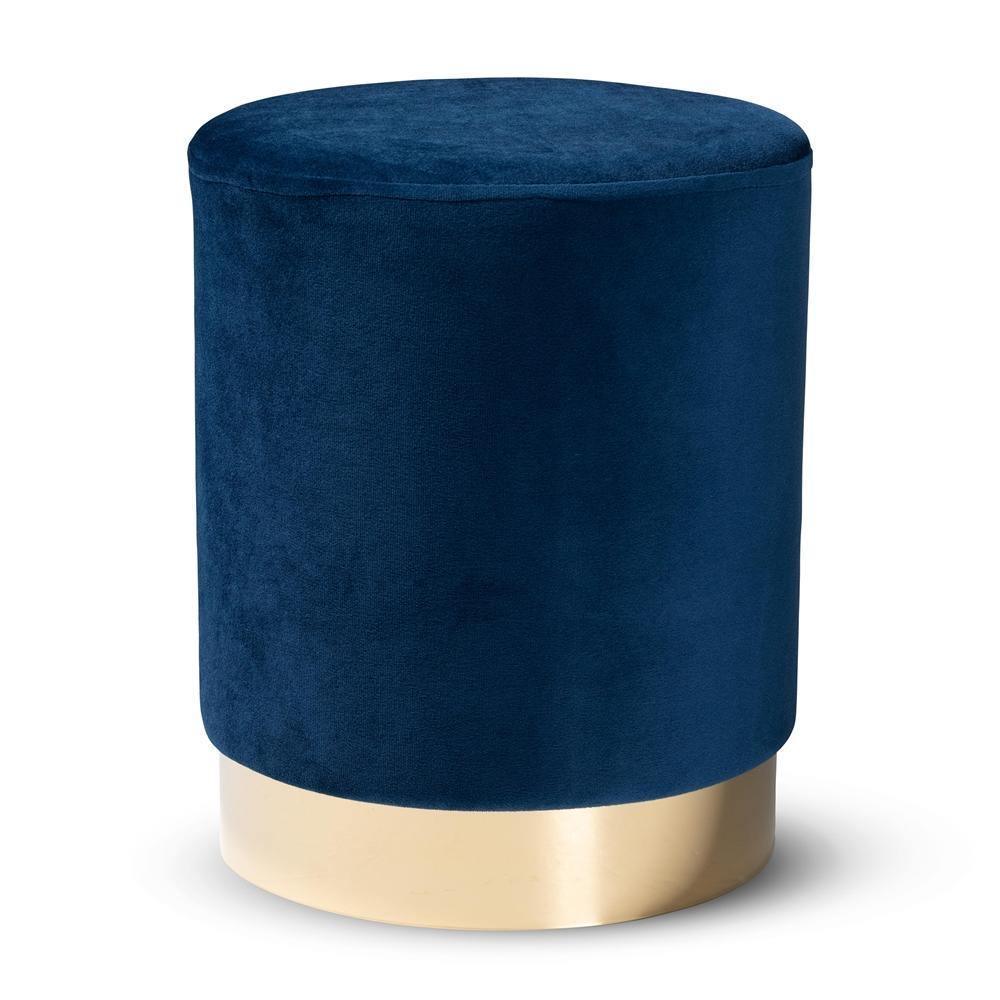 Chaela Contemporary Glam and Luxe Navy Blue Velvet Fabric Upholstered and Gold Finished Metal Ottoman FredCo