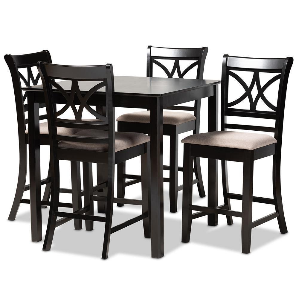 Chandler Modern and Contemporary Sand Fabric Upholstered and Espresso Brown Finished Wood 5-Piece Counter Height Pub Dining Set FredCo