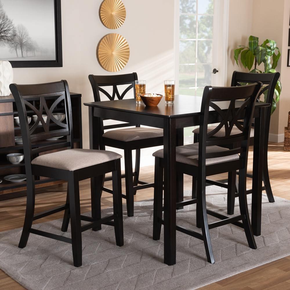 Chandler Modern and Contemporary Sand Fabric Upholstered and Espresso Brown Finished Wood 5-Piece Counter Height Pub Dining Set FredCo