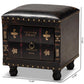 Charlier Rustic Antique Inspired Dark Brown Faux Leather Upholstered Wood Storage Ottoman with Book Spine Drawer FredCo