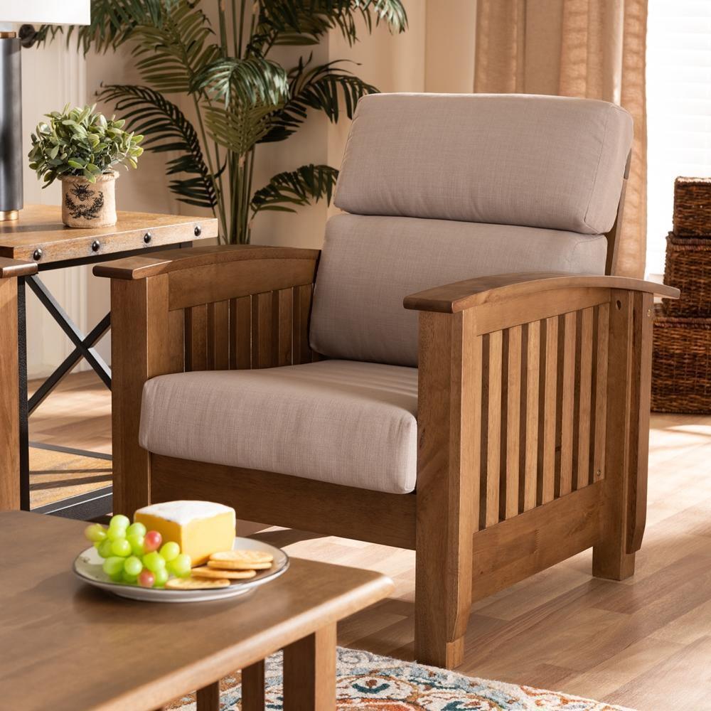 Charlotte Modern Classic Mission Style Taupe Fabric Upholstered Walnut Brown Finished Wood 1-Seater Lounge Chair FredCo