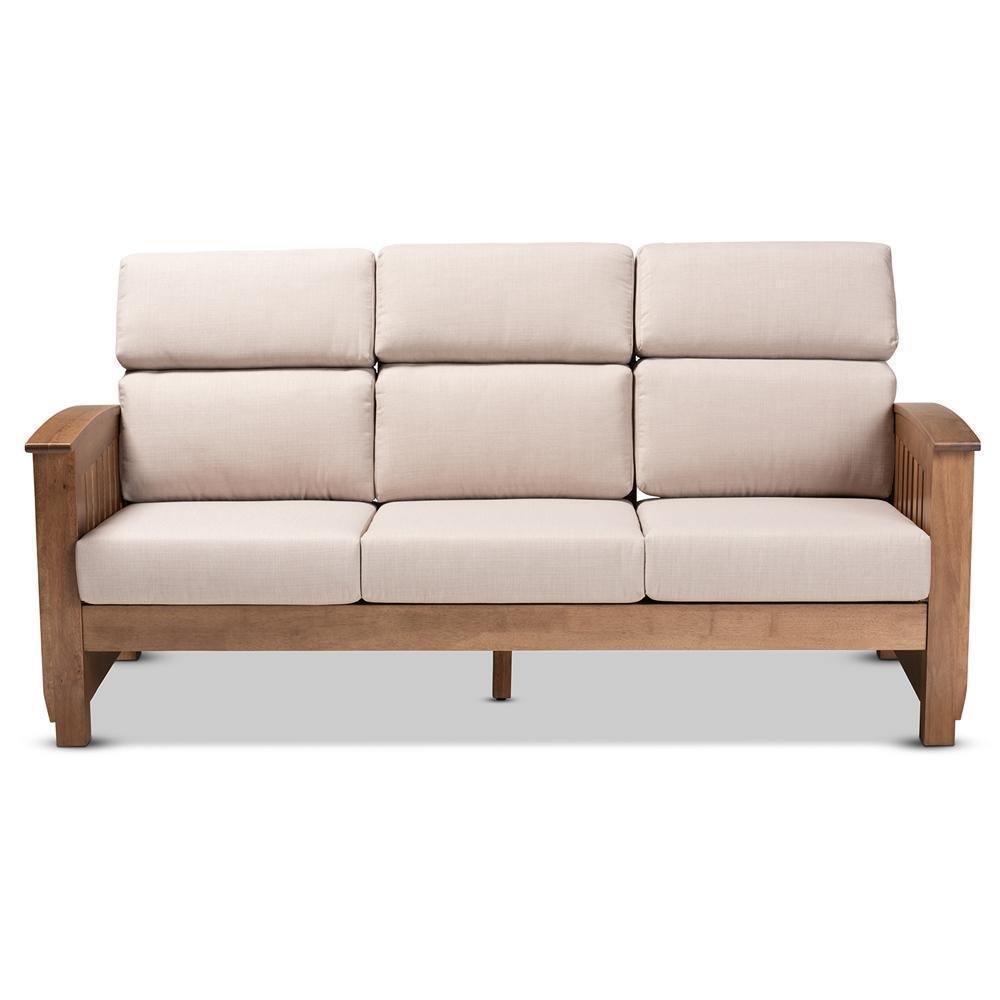 Charlotte Modern Classic Mission Style Taupe Fabric Upholstered Walnut Brown Finished Wood 3-Seater Sofa FredCo
