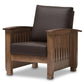 Charlotte Modern Classic Mission Style Walnut Brown Wood and Dark Brown Faux Leather 1-Seater Lounge Chair FredCo