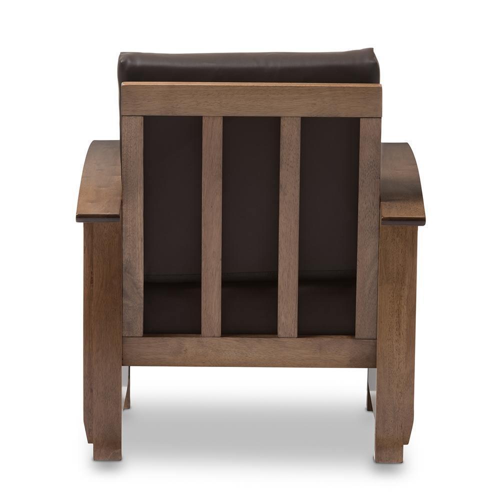 Charlotte Modern Classic Mission Style Walnut Brown Wood and Dark Brown Faux Leather 1-Seater Lounge Chair FredCo