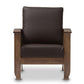 Charlotte Modern Classic Mission Style Walnut Brown Wood and Dark Brown Faux Leather 1-Seater Lounge Chair FredCo