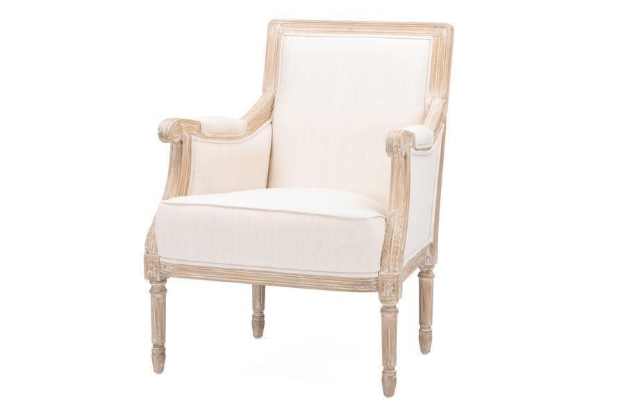 Chavanon Wood & Light Beige Linen Traditional French Accent Chair FredCo