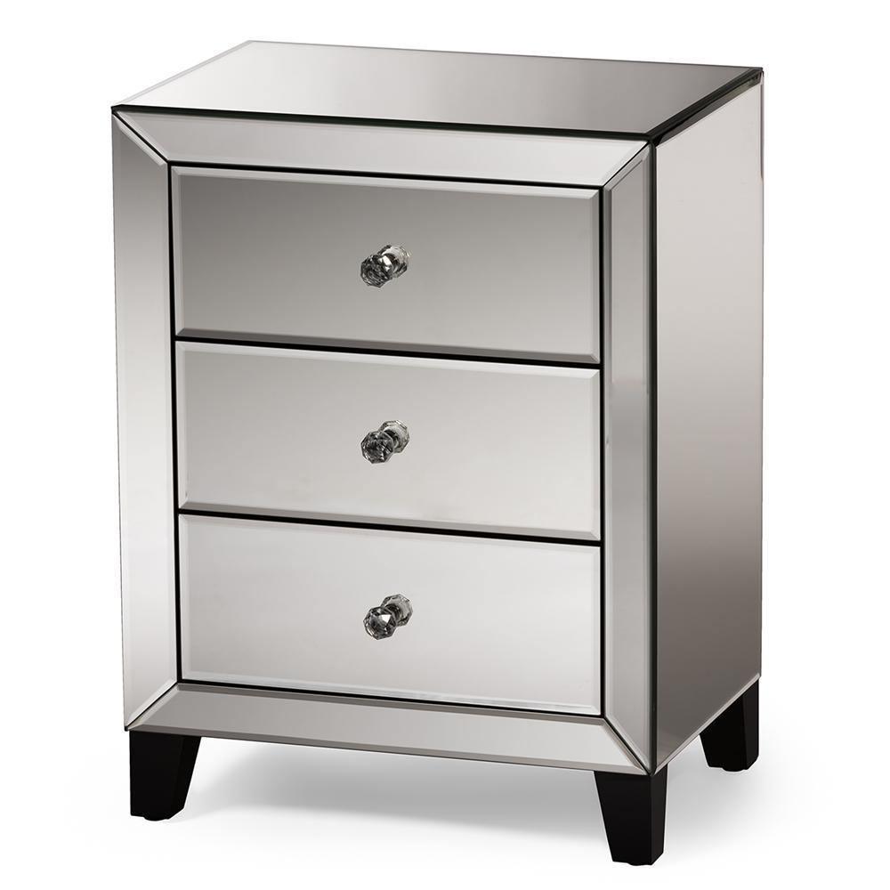 Chevron Modern and Contemporary Hollywood Regency Glamour Style Mirrored 3-Drawers Nightstand Bedside Table FredCo