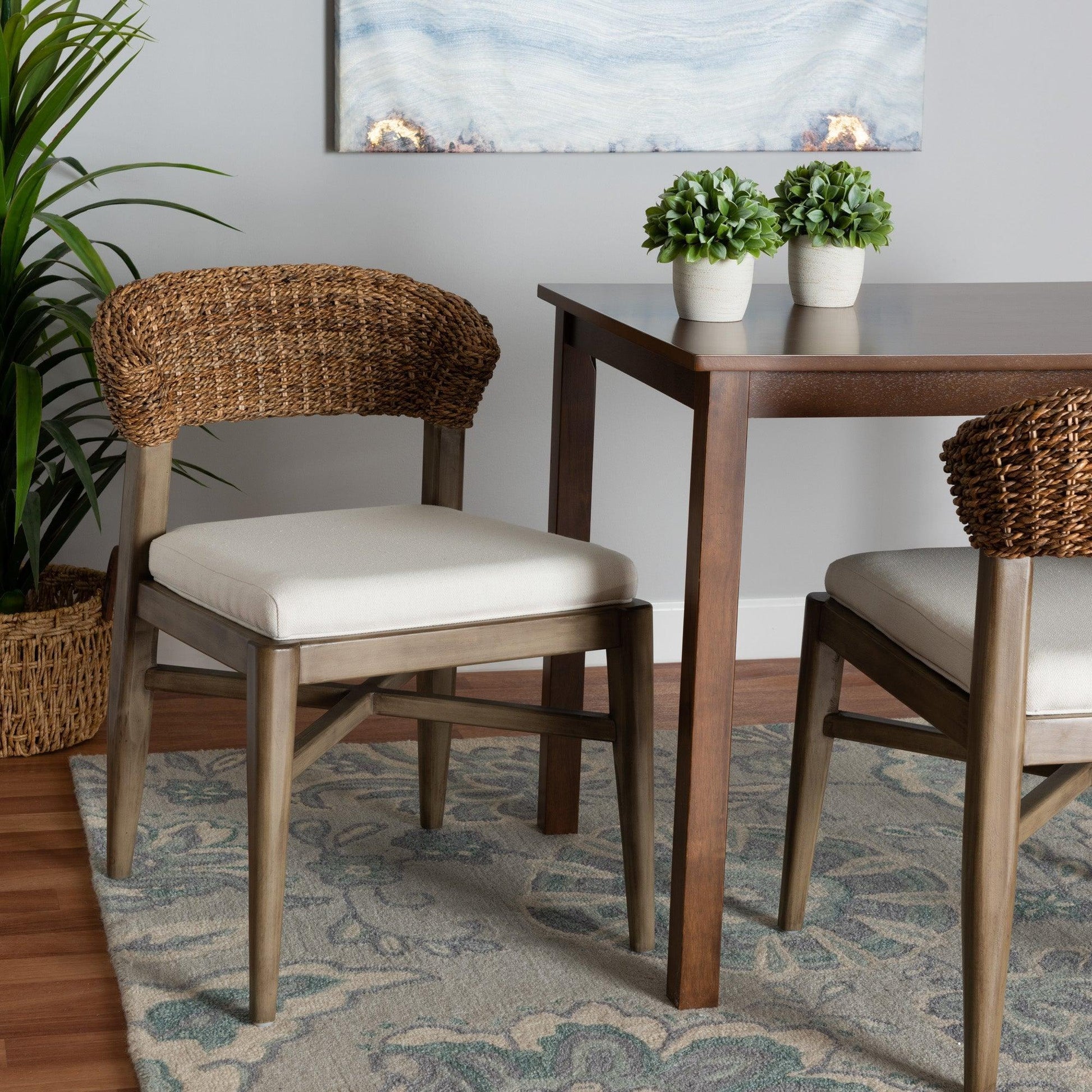 Chloe Modern Bohemian Walnut Brown Finished Mahogany Wood and Natural Rattan Dining Chair FredCo