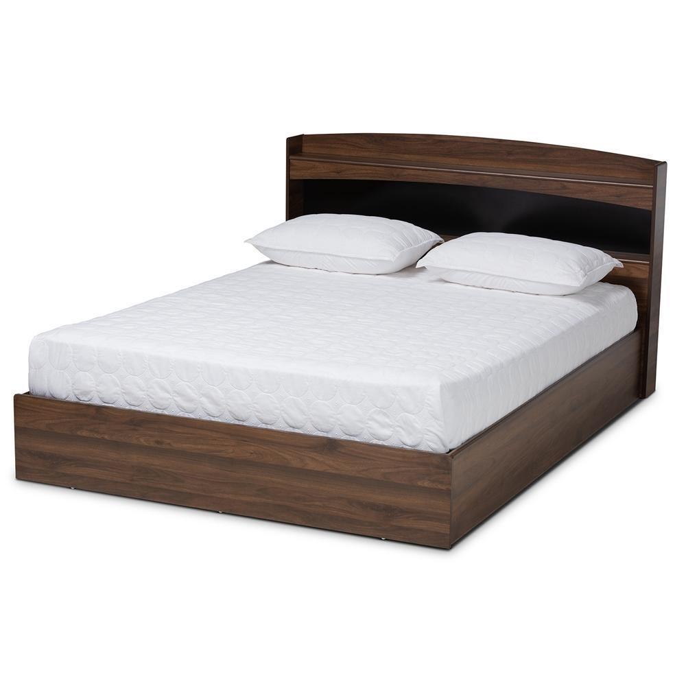 Christopher Modern and Contemporary Rustic Walnut Brown Finished Wood Queen Size Platform Bed with Shelves FredCo