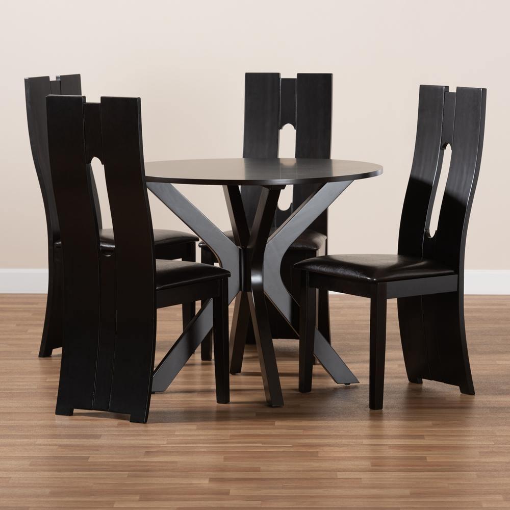 Cian Modern and Contemporary Dark Brown Faux Leather Upholstered and Dark Brown Finished Wood 5-Piece Dining Set FredCo