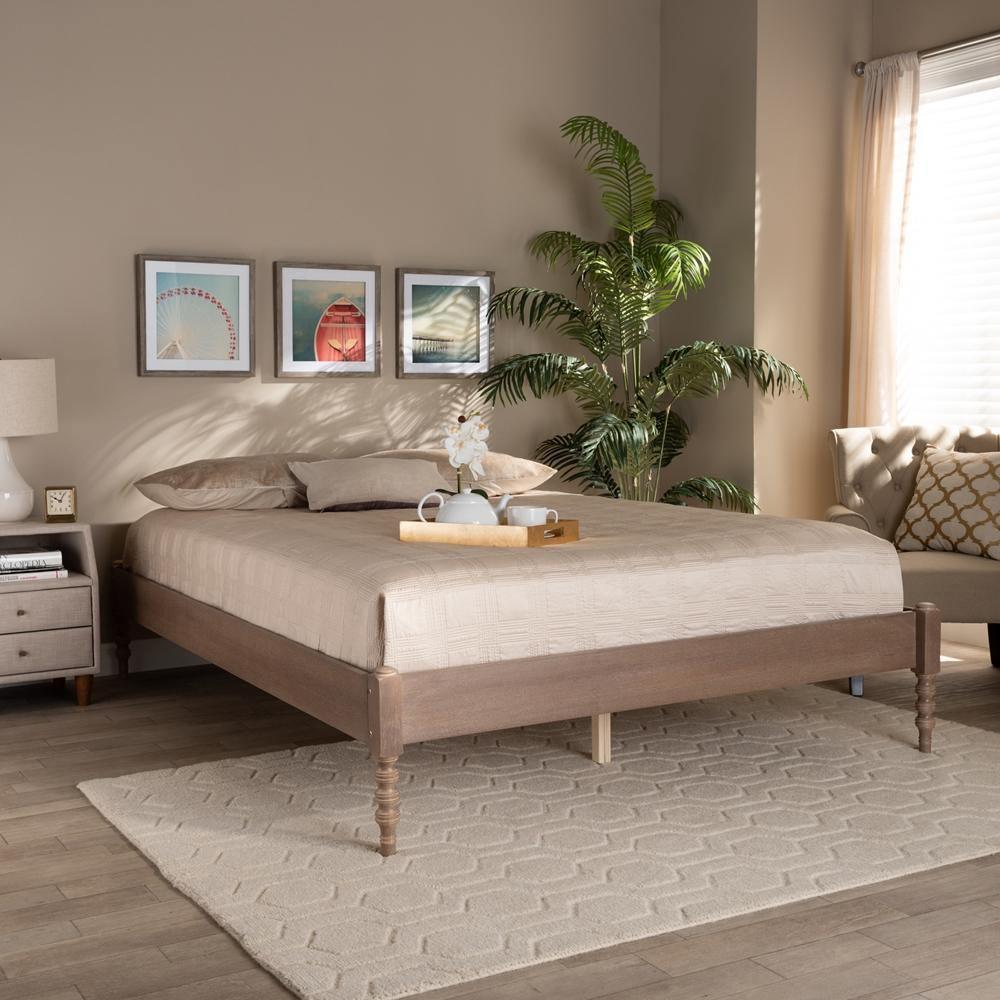 Cielle French Bohemian Antique Oak Finished Wood Queen Size Platform Bed Frame FredCo