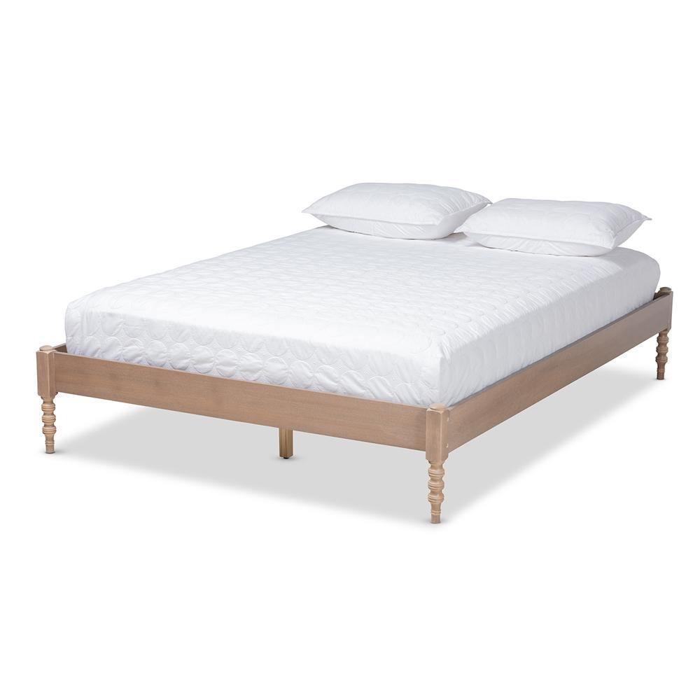 Cielle French Bohemian Antique Oak Finished Wood Queen Size Platform Bed Frame FredCo