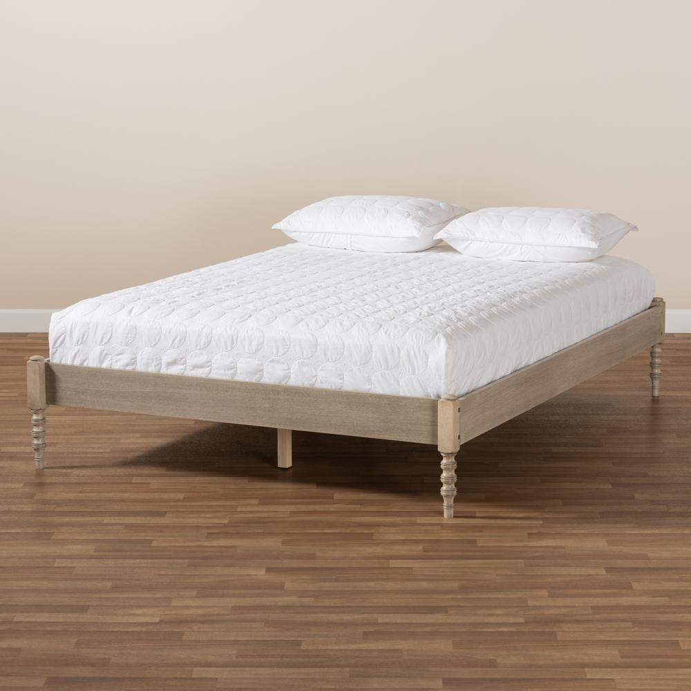 Cielle French Bohemian Antique White Oak Finished Wood Queen Size Platform Bed Frame FredCo