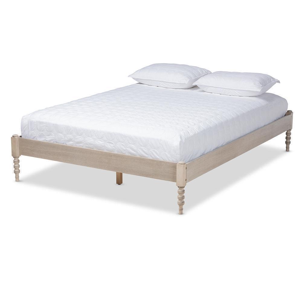 Cielle French Bohemian Antique White Oak Finished Wood Queen Size Platform Bed Frame FredCo