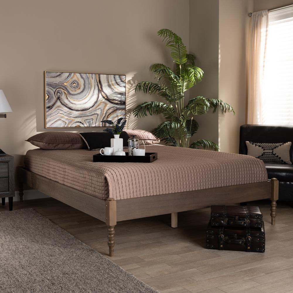 Cielle French Bohemian Weathered Grey Oak Finished Wood Queen Size Platform Bed Frame FredCo