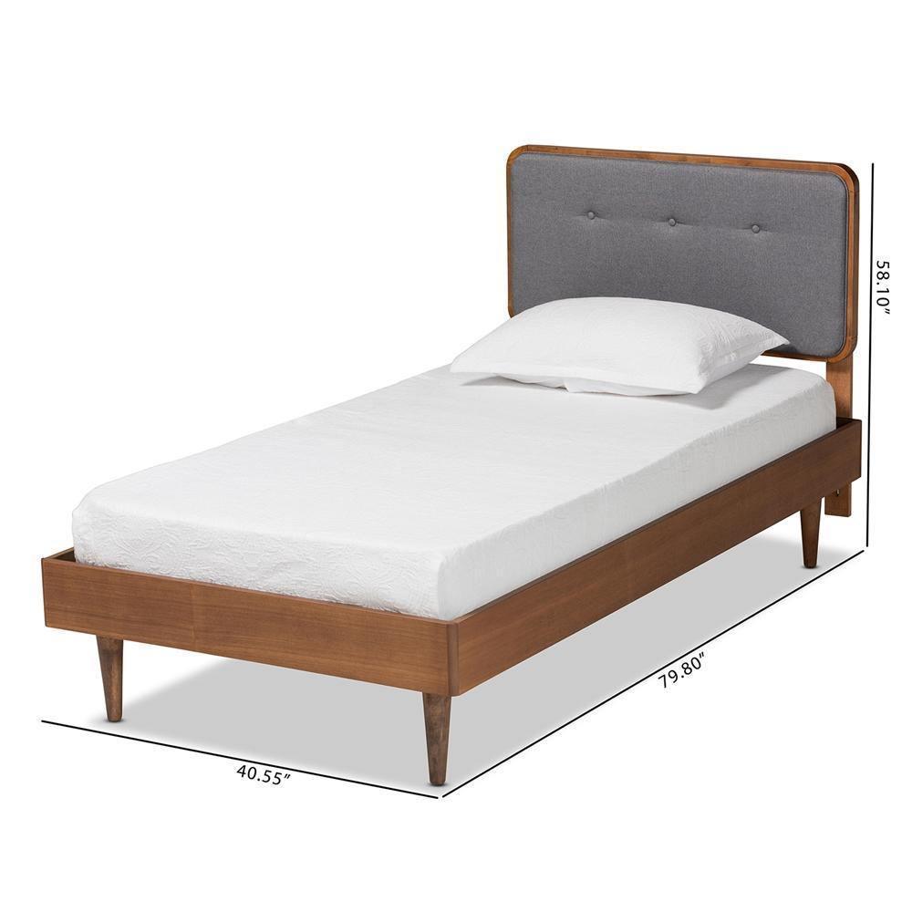 Cilka Mid-Century Modern Dark Grey Fabric Upholstered and Ash Walnut Finished Wood Twin Size Platform Bed FredCo
