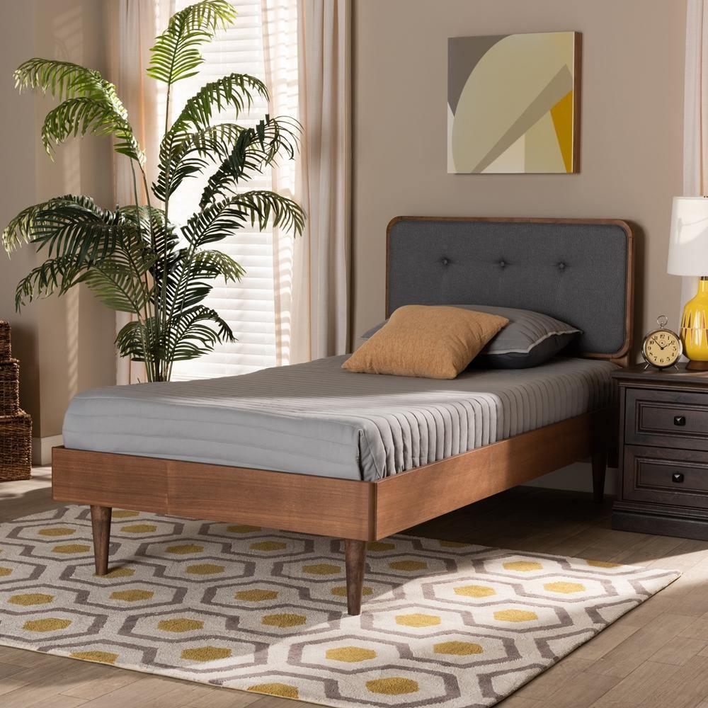 Cilka Mid-Century Modern Dark Grey Fabric Upholstered and Ash Walnut Finished Wood Twin Size Platform Bed FredCo