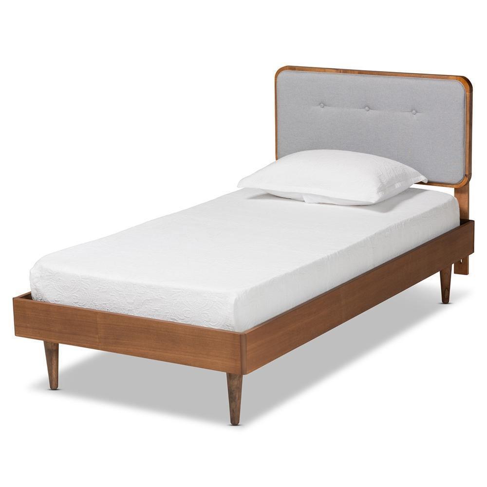 Cilka Mid-Century Modern Light Grey Fabric Upholstered and Ash Walnut Finished Wood Twin Size Platform Bed FredCo
