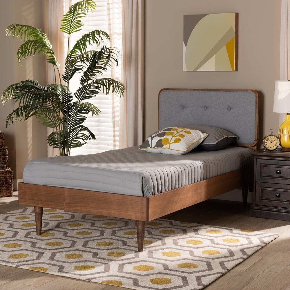 Cilka Mid-Century Modern Light Grey Fabric Upholstered and Ash Walnut Finished Wood Twin Size Platform Bed FredCo