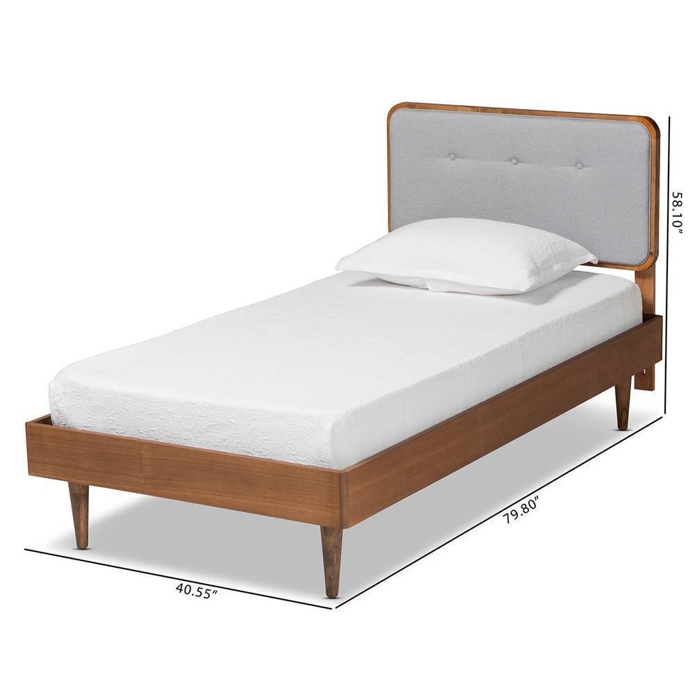 Cilka Mid-Century Modern Light Grey Fabric Upholstered and Ash Walnut Finished Wood Twin Size Platform Bed FredCo