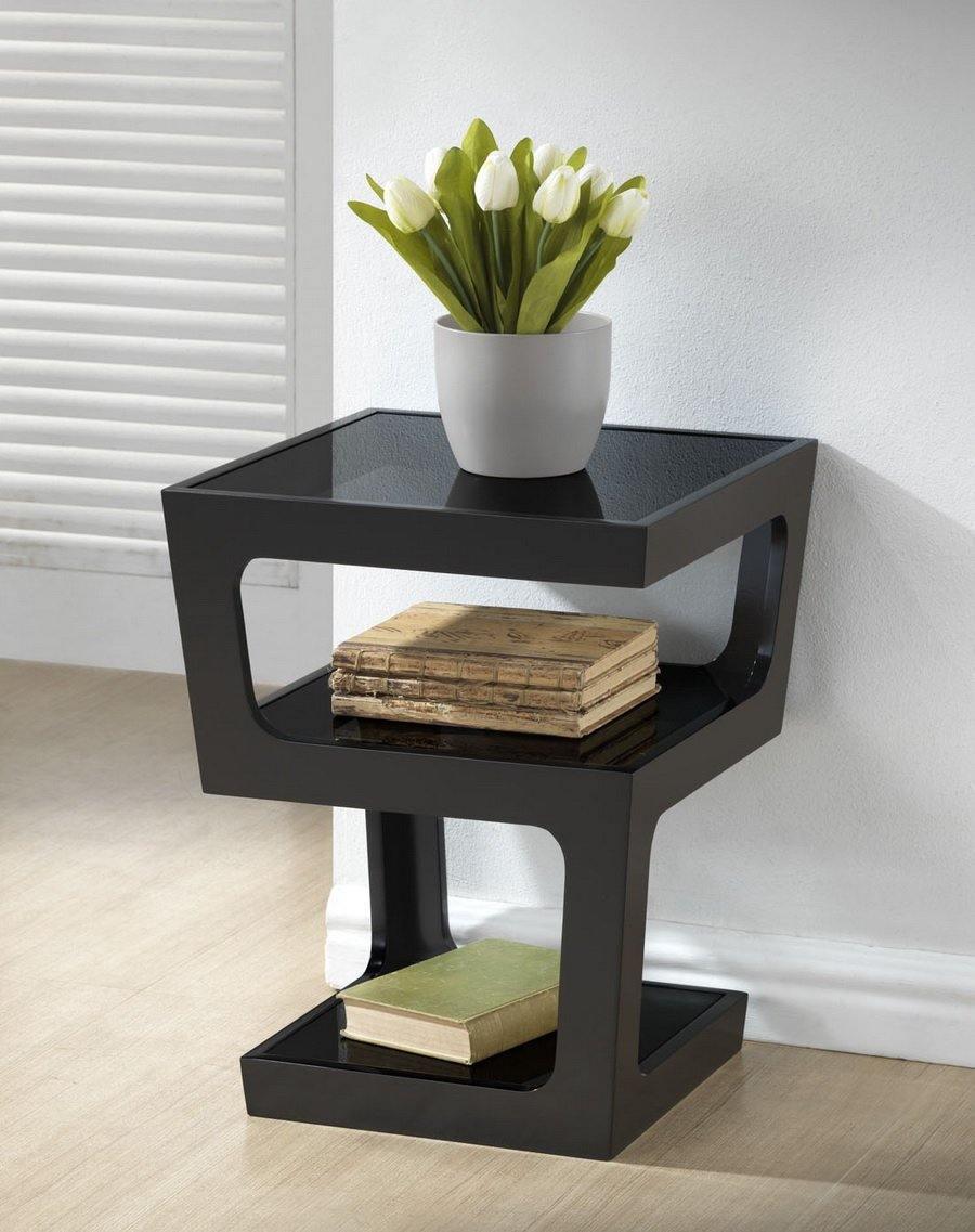 Clara Black Modern End Table with 3-Tiered Glass Shelves FredCo