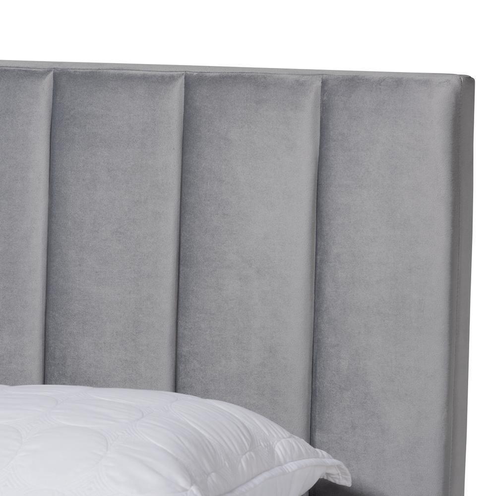 Clare Glam and Luxe Grey Velvet Fabric Upholstered King Size Panel Bed with Channel Tufted Headboard FredCo