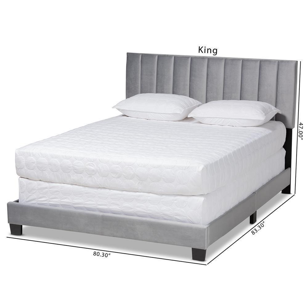 Clare Glam and Luxe Grey Velvet Fabric Upholstered King Size Panel Bed with Channel Tufted Headboard FredCo
