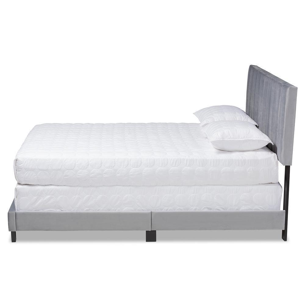 Clare Glam and Luxe Grey Velvet Fabric Upholstered Queen Size Panel Bed with Channel Tufted Headboard FredCo