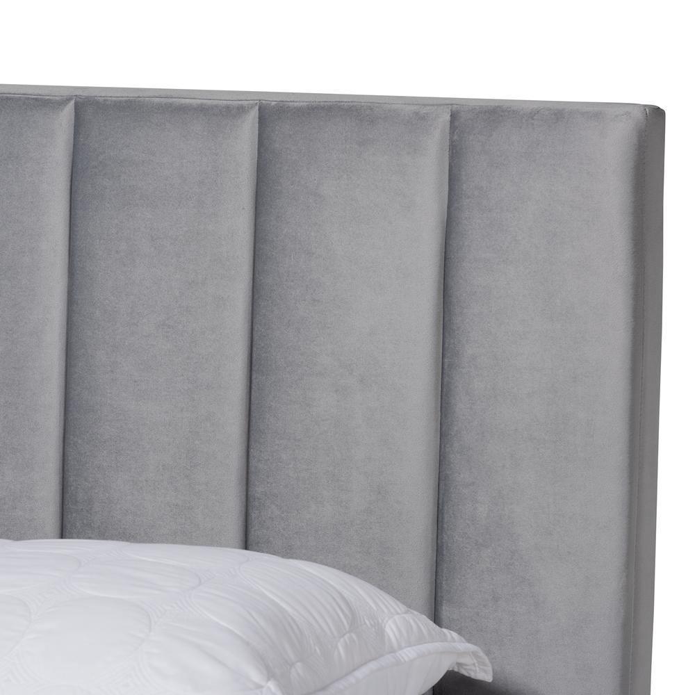 Clare Glam and Luxe Grey Velvet Fabric Upholstered Queen Size Panel Bed with Channel Tufted Headboard FredCo