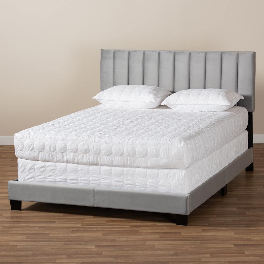 Clare Glam and Luxe Grey Velvet Fabric Upholstered Queen Size Panel Bed with Channel Tufted Headboard FredCo