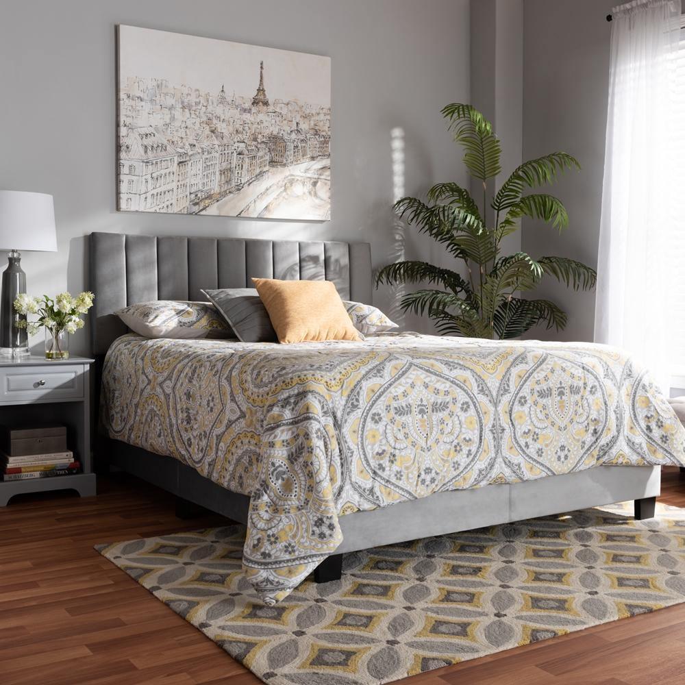 Clare Glam and Luxe Grey Velvet Fabric Upholstered Queen Size Panel Bed with Channel Tufted Headboard FredCo