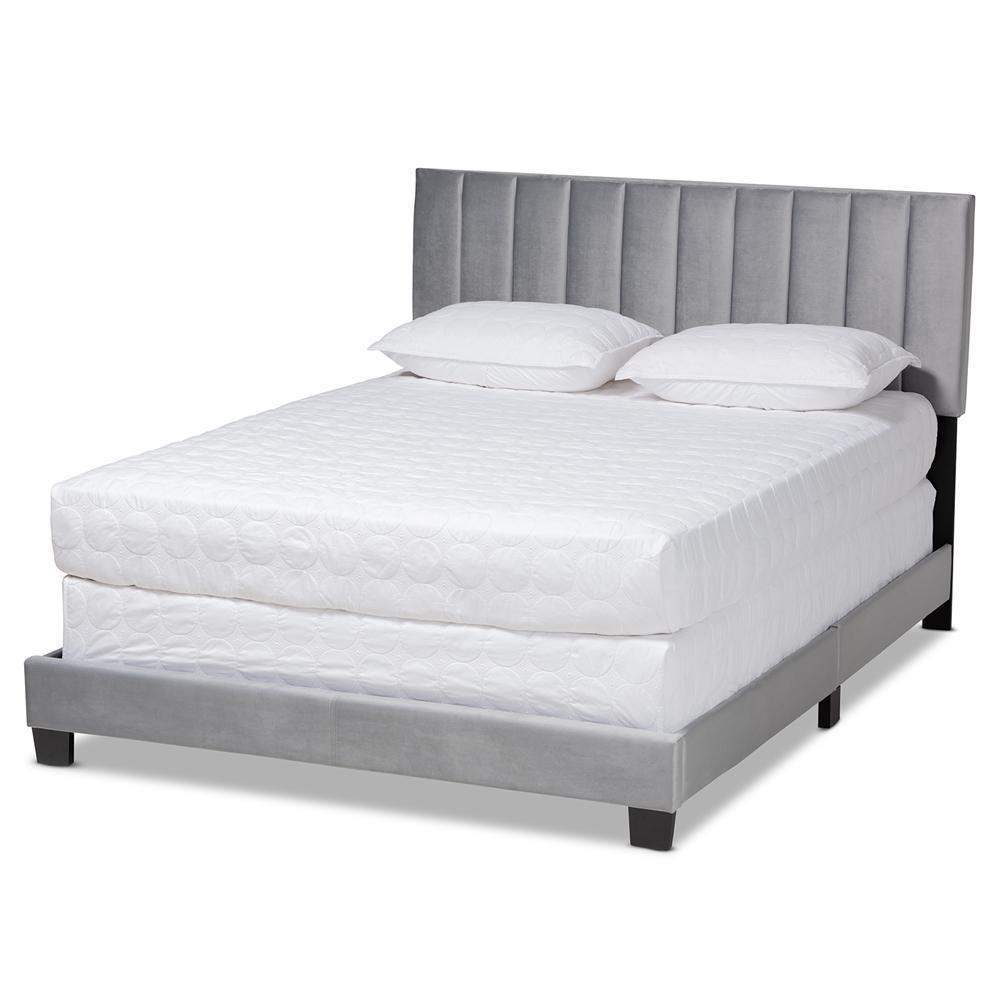 Clare Glam and Luxe Grey Velvet Fabric Upholstered Queen Size Panel Bed with Channel Tufted Headboard FredCo