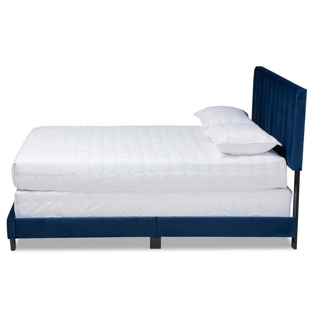 Clare Glam and Luxe Navy Blue Velvet Fabric Upholstered Full Size Panel Bed with Channel Tufted Headboard FredCo