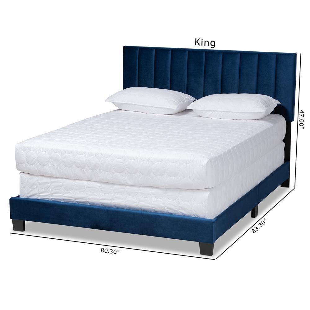 Clare Glam and Luxe Navy Blue Velvet Fabric Upholstered Full Size Panel Bed with Channel Tufted Headboard FredCo