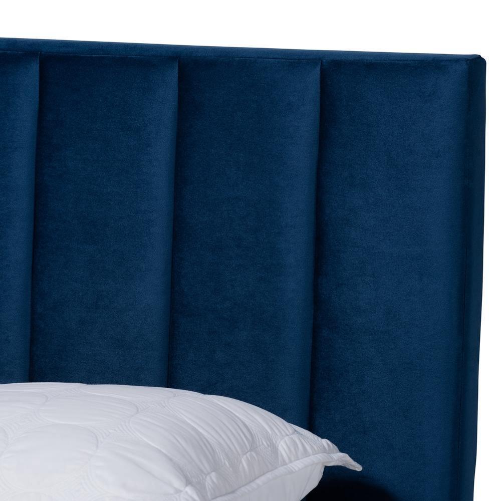 Clare Glam and Luxe Navy Blue Velvet Fabric Upholstered King Size Panel Bed with Channel Tufted Headboard FredCo