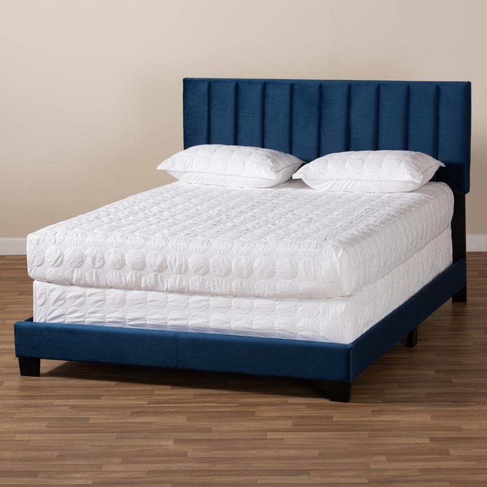 Clare Glam and Luxe Navy Blue Velvet Fabric Upholstered King Size Panel Bed with Channel Tufted Headboard FredCo