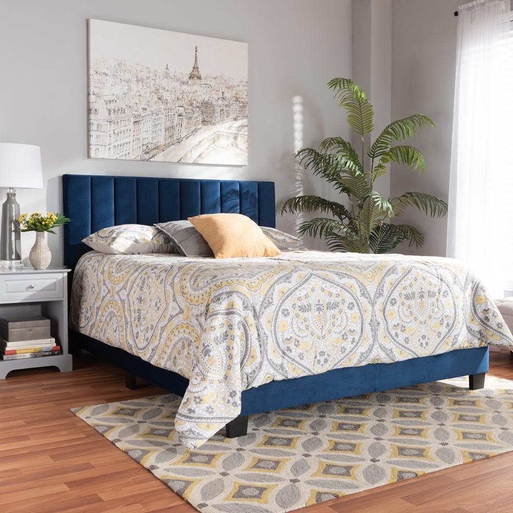 Clare Glam and Luxe Navy Blue Velvet Fabric Upholstered King Size Panel Bed with Channel Tufted Headboard FredCo