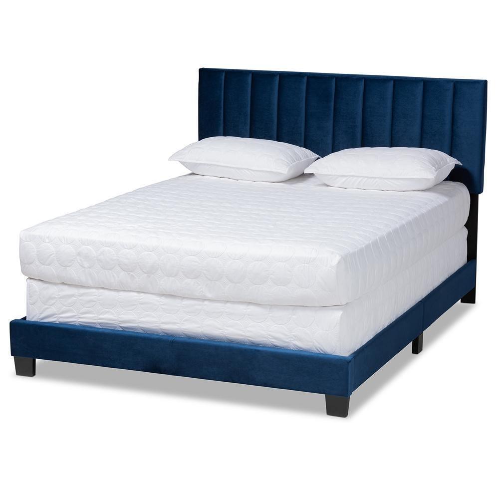 Clare Glam and Luxe Navy Blue Velvet Fabric Upholstered King Size Panel Bed with Channel Tufted Headboard FredCo