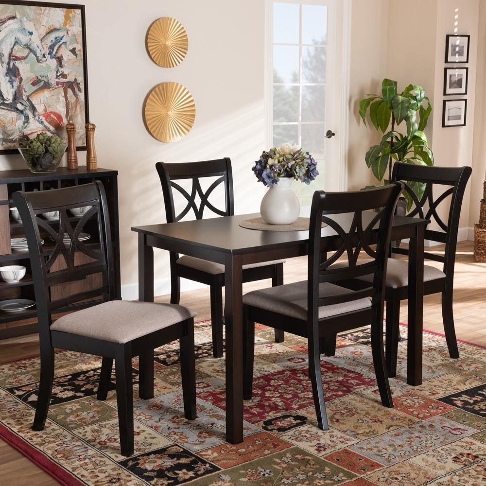 Clarke Modern and Contemporary Sand Fabric Upholstered and Espresso Brown Finished Wood 5-Piece Dining Set FredCo
