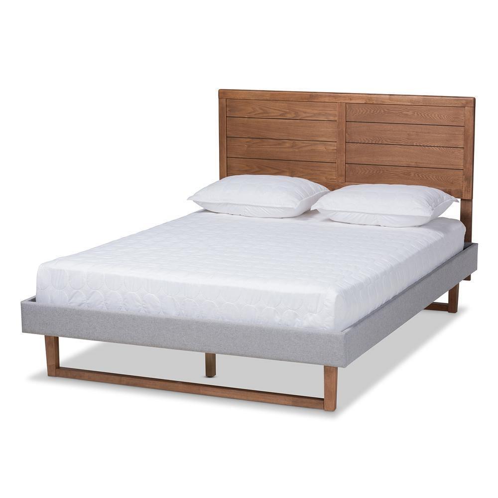 Claudia Rustic Modern Light Grey Fabric Upholstered and Walnut Brown Finished Wood Queen Size Platform Bed FredCo