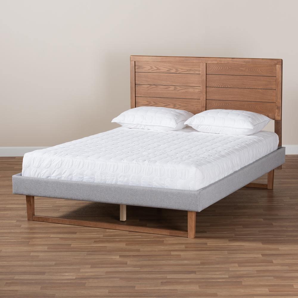 Claudia Rustic Modern Light Grey Fabric Upholstered and Walnut Brown Finished Wood Queen Size Platform Bed FredCo
