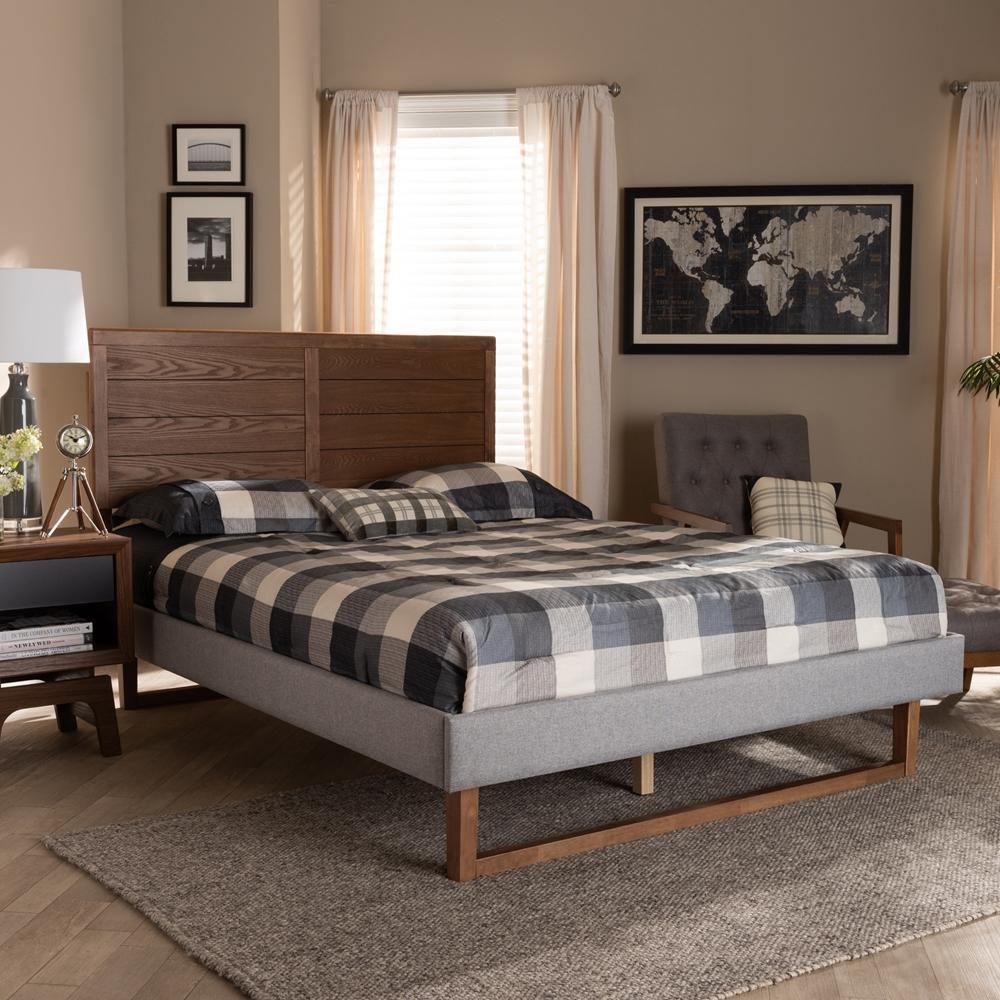 Claudia Rustic Modern Light Grey Fabric Upholstered and Walnut Brown Finished Wood Queen Size Platform Bed FredCo