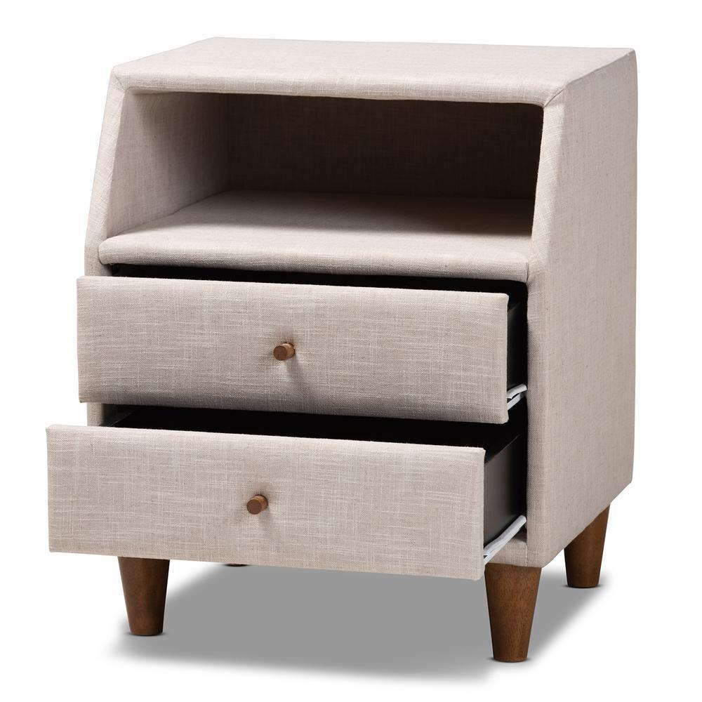 Claverie Mid-Century Modern Beige Fabric Upholstered 2-Drawer Wood Nightstand FredCo