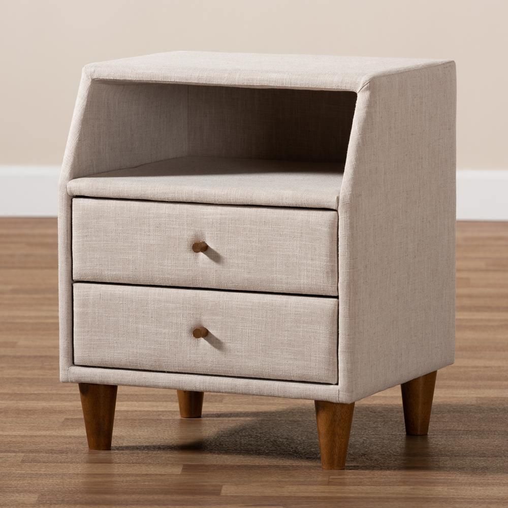 Claverie Mid-Century Modern Beige Fabric Upholstered 2-Drawer Wood Nightstand FredCo