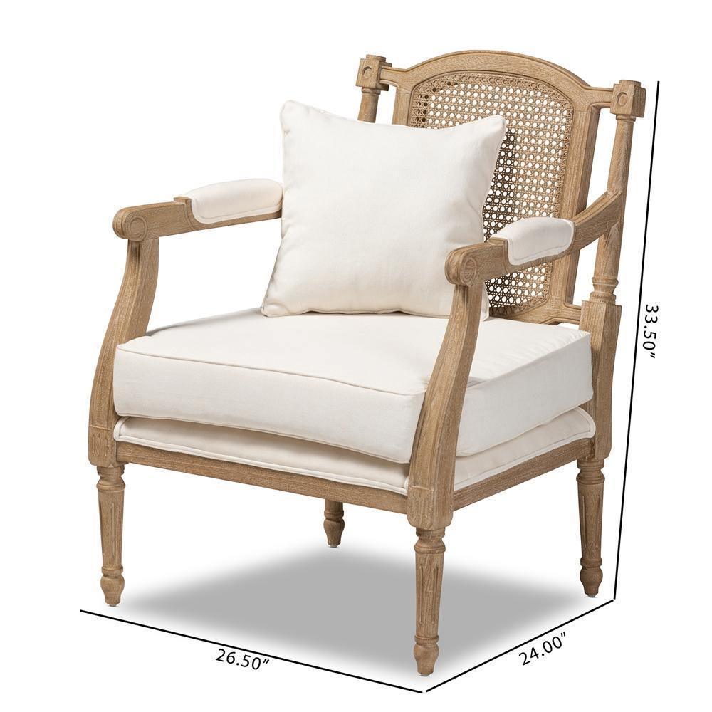 Clemence French Provincial Ivory Fabric Upholstered Whitewashed Wood Armchair FredCo