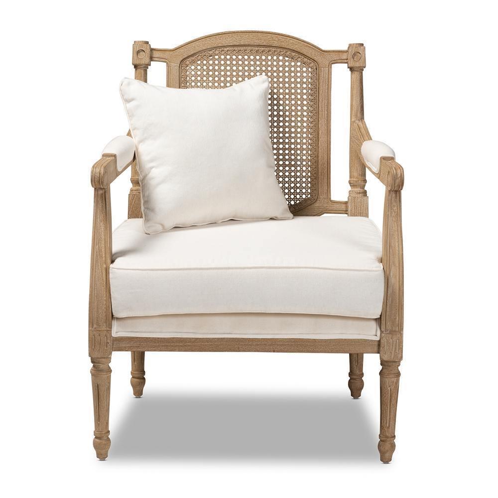 Clemence French Provincial Ivory Fabric Upholstered Whitewashed Wood Armchair FredCo