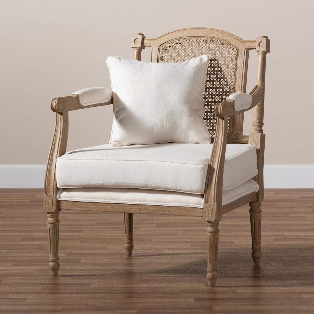 Clemence French Provincial Ivory Fabric Upholstered Whitewashed Wood Armchair FredCo