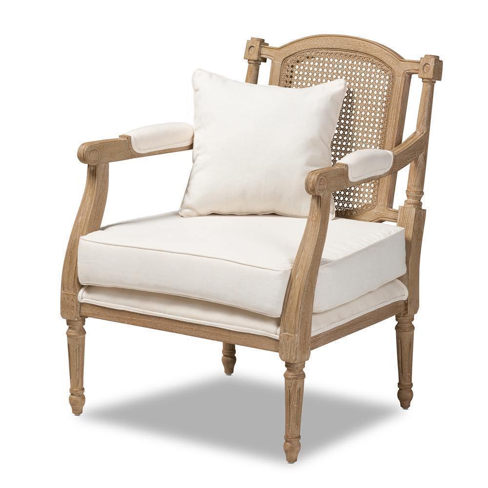 Clemence French Provincial Ivory Fabric Upholstered Whitewashed Wood Armchair FredCo